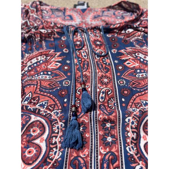 Angie Dress Women Size Small Navy Maroon Paisley Print Flare Sleeve Mini Tassels - Picture 3 of 6